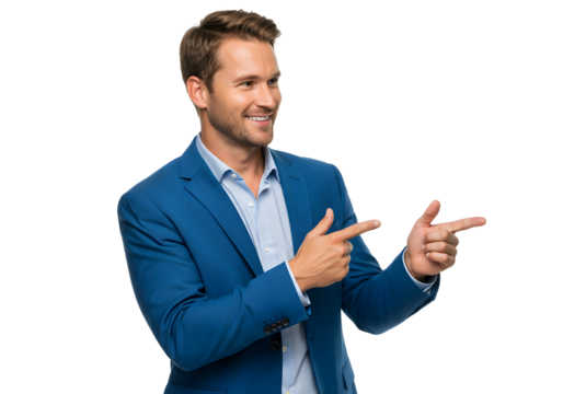 Smiling businessman in a blue suit pointing to the right with both hands on a white background