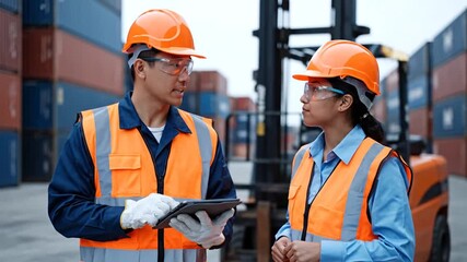 Diverse Port Workers Collaborate with Tablet Amidst Shipping Container Stacks and Forklift Activity - Powered by Adobe