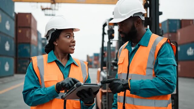 Diverse Dockworkers Collaborate on Tablet in Busy Shipping Container Yard, Pointing and Discussing Logistics