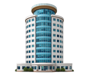 Modern cylindrical office skyscraper with blue glass windows, white facade, and rounded architecture, surrounded by greenery, isolated on transparency background