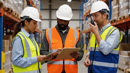 Diverse Warehouse Team Collaborates on Logistics Using Walkie-Talkie, Tablet, and Clipboard