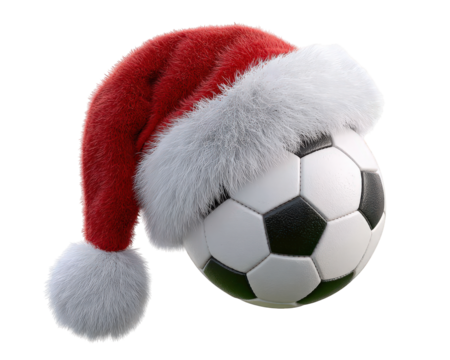 Soccer ball with red Santa hat, festive holiday theme, isolated on transparency background, cheerful winter sports concept, Christmas celebration, playful decoration