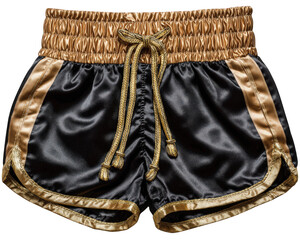 Black and gold boxing shorts with shiny satin fabric, elastic waistband, and drawstring, perfect for athletic training or competition, stylish and comfortable design