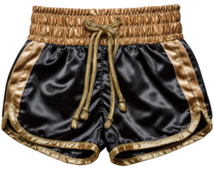 Black and gold boxing shorts with shiny satin fabric, elastic waistband, and drawstring, perfect for athletic training or competition, stylish and comfortable design