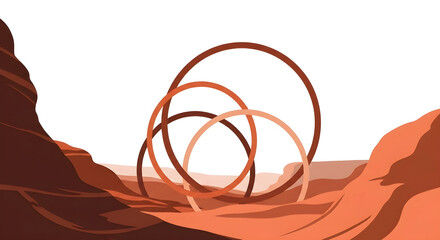 Geometric desert harmony Abstract illustration of interlocking rings rising from a minimalist canyon, symbolizing connection and balance in a serene, arid world