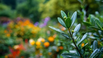 Obraz premium Detailed showcases a vibrant green leafy stem with small buds, creating a focus on the plant against a soft blurred background of colorful flowers in a natural garden setting.