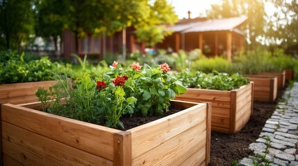 Raised garden beds, flowers, backyard, home