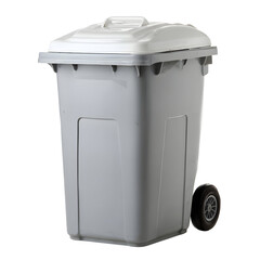 Gray plastic trash can with wheels and lid isolated on transparent background