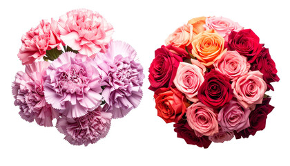Two flower bouquets in one frame, one with vibrant mixed roses