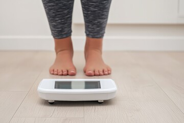 Woman's feet are positioned to step on a digital weight scale, emphasizing health, diet, and lifestyle goals