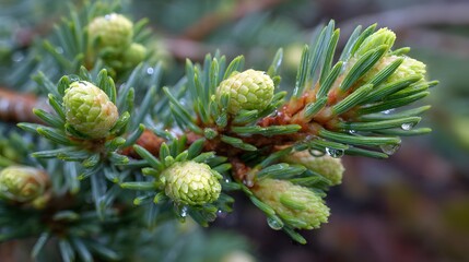 Fresh green conifer branch showcases new growth with vibrant green buds and delicate needles, beautifully adorned with glistening water droplets, emphasizing nature's refreshing and serene essence.