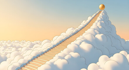 A Golden Sphere Ascends a Stairway to Heaven Amidst Soft, Dreamy Clouds and a Gentle Sunrise