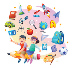 Fototapeta premium Happy children riding a flying pencil surrounded by various learning objects, school supplies, and different subjects. Vector cartoon illustration