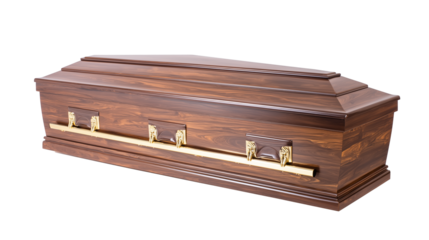 Polished wooden coffin with gold-colored metal accents on transparent background
