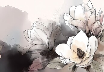 Watercolor style illustration of magnolia blossoms in soft hues, with muted abstract background