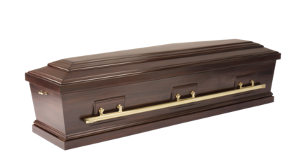 Dark brown wooden coffin with brass handles on transparent background