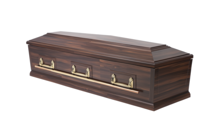 Polished dark wooden coffin with brass handles on transparent background