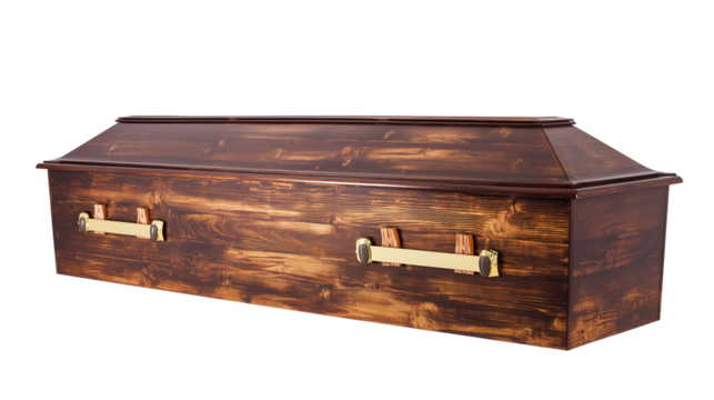 Dark wooden coffin with brass handles on transparent background