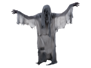 Ghostly figure in tattered white fabric with transparent background