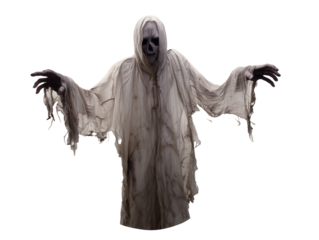 Spectral female figure with skeletal face and translucent white robe on transparent background