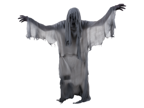 Ghostly figure in tattered white fabric with transparent background