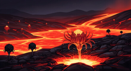 Surreal Volcanic Landscape A Fantasy World of Fire and Flora