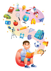Boy reading a book with his imagination creating a swirling flow of school and science objects above him. Vector cartoon illustration