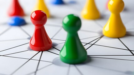 Colorful game pieces on interconnected grid symbolize strategy and connections