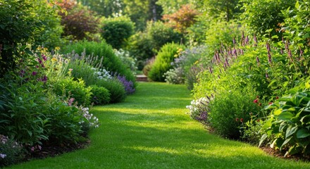 Fototapeta premium Lush green grass path leads through a vibrant garden, surrounded by colorful flowers, blossoming shrubs, and verdant trees, creating a picturesque and tranquil landscape on a sunny day.