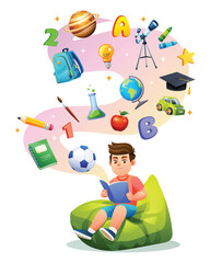 Boy reading on a bean bag chair with his imagination creating a swirl of school and space objects above him. Vector cartoon illustration