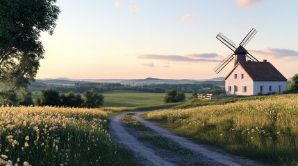 Rural windmill sunset, scenic countryside road