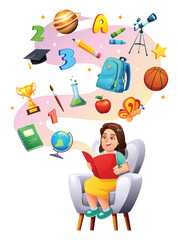 Girl reading a book with her imagination creating a swirling flow of space, science, and learning objects above her. Vector cartoon illustration