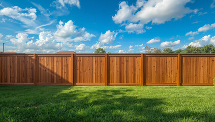 Fototapeta premium A beautiful wooden fence casting shadows on a lush green lawn under a bright blue sky with fluffy white clouds.