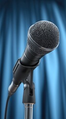 A close-up of a classic microphone on a stand against a blurred, draped blue backdrop