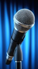 A close-up of a metallic microphone on a stand, set against a blurred blue backdrop