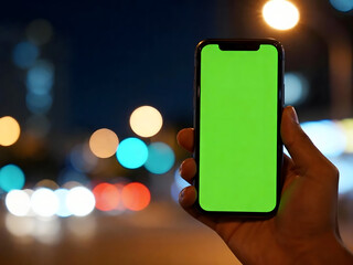 A hand holds a smartphone with a green screen against a blurred background of city lights at night.