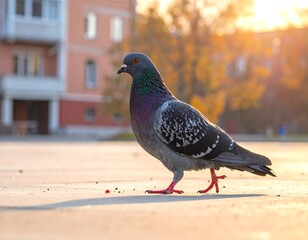 A pigeon walking on a concrete surface with a building in the background