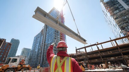 Steel beam lifted high under a bright, sunlit sky, during a construction project, with a construction worker observing the crane's operation to ensure correct placement of structural components 