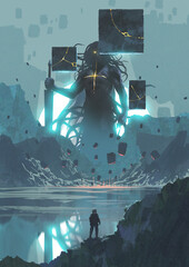 An astronaut stands before a colossal glowing entity rising from a lake surrounded by floating black monoliths, digital art style, illustration painting
