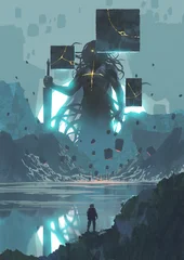 Fotobehang Fashion Lips An astronaut stands before a colossal glowing entity rising from a lake surrounded by floating black monoliths, digital art style, illustration painting  © grandfailure