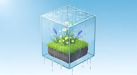 Enclosed Meadow A Tranquil Oasis in a Glass Cube with Blossoms