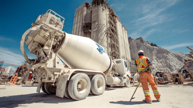 Concrete mixer truck and a construction worker are featured on a construction site with large concrete silos and mountainous landscape under a partly cloudy, blue sky, conveying industry.