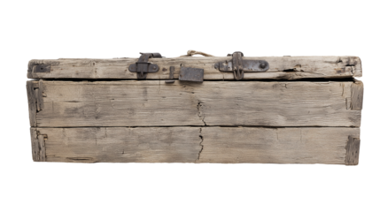 Weathered rectangular wooden box with rusted metal clasps on transparent background