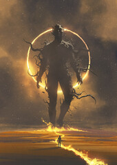 A strong male warrior with a spear walks a burning path toward a colossal tendrilled titan beneath a glowing eclipse, digital art style, illustration painting