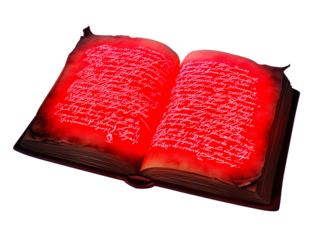 Open book with dark brown leather binding and vibrant red pages with cursive script on transparent background