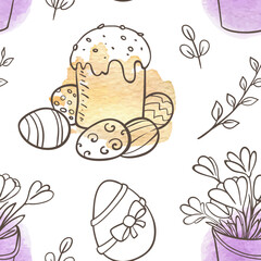 Easterthemed seamless pattern with painted eggs and cake