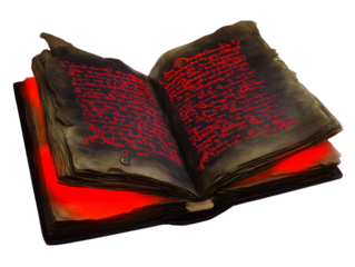 Open book with bold red text on transparent background