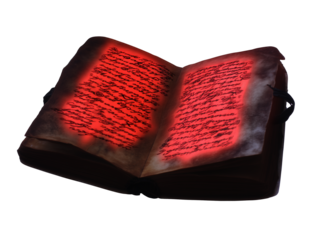 Open book with glowing red pages on transparent background