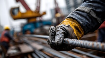 shot of a gloved hand gripping a metal bar on a construction site, showcasing the worker's manual labor amidst a blurred construction backdrop with a yellow crane and workers in the background.