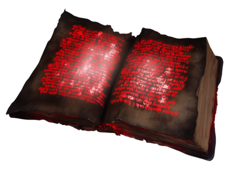 Aged book with red text on transparent background
